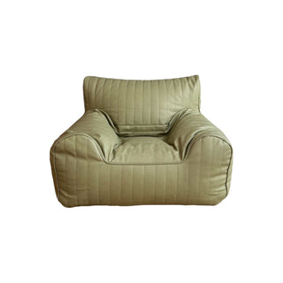 Sage green beanbag lounger in a modern home, showcasing its size and suitability for kids, boys, and teens